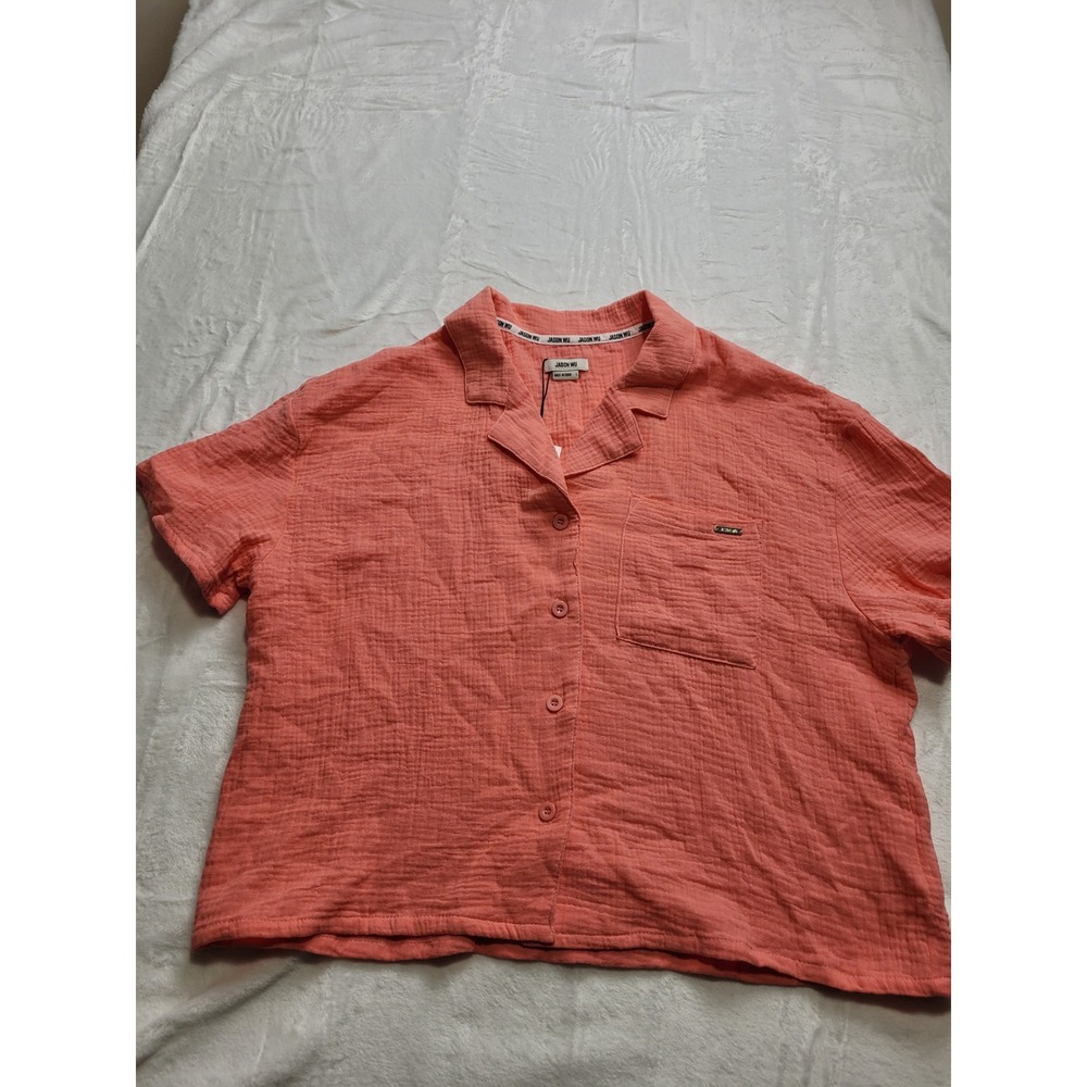 NWT Jason Wu Gauze Button Down Shirt Womens L Coral Pink Short Sleeve Top